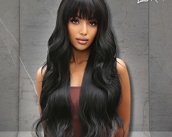 Natural Black Long Wavy Wig with Bangs, Heat Resistant Synthetic Hair for Women, Soft Daily Wear Wig, Long Black Wig, Gift for Women, Gifts