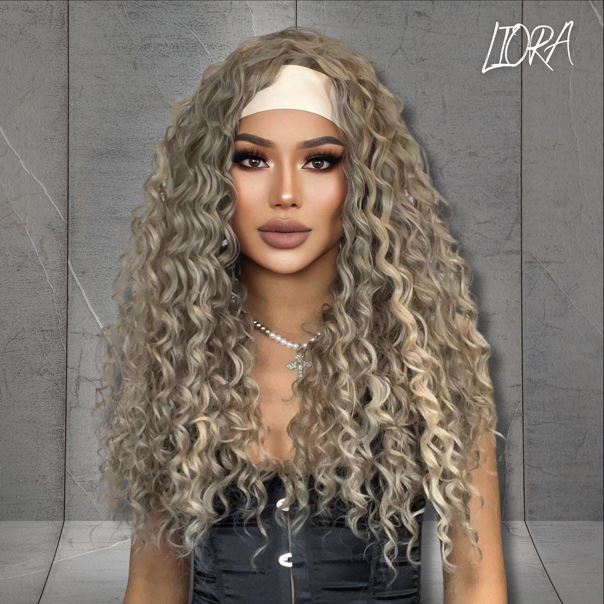 Gray Curly Headband Wig, 26 Inch Long Wavy Wig, Silver Layered Fashion Wig for Women, Gift for Her