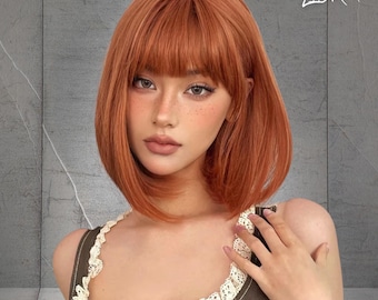Straight Orange Bob Wig with Bangs, Heat Resistant Wig, Wig for Women, Orange Party Wig, Cosplay or Daily Wear, Gift for Women, Gift for Her