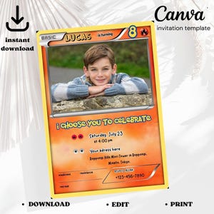 Invito di compleanno con carta da gioco: design blu e verde (download digitale, modello PDF 5x7)