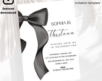 Coquette Black Bow Birthday Invitation Template (Digital Download)