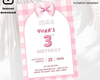 Plantilla editable de invitación de cumpleaños con lazo rosa coqueto (descarga digital)