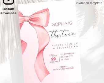 Plantilla de invitación de cumpleaños con lazo rosa coqueto (descarga digital)