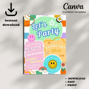 Editable Checkered Smiley Face Birthday invite, Groovy Retro birthday, emoji invitation, Teen Party, Tween Birthday, Any Age Girl Birthday