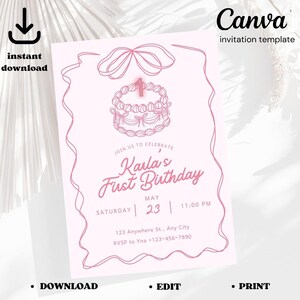 Coquette Bow 1st Birthday Invitation Template: Blush Pink (Canva)