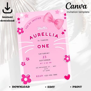 Cute Kitty Birthday Invitation, Editable Kitty Birthday Invitation, Kitty Digital Birthday Invitation, Cute Pink Birthday Theme,
