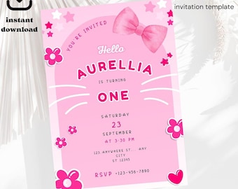 Cute Kitty Birthday Invitation, Editable Kitty Birthday Invitation, Kitty Digital Birthday Invitation, Cute Pink Birthday Theme,