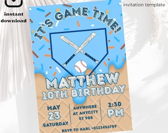 Baseball Birthday Party Invitation: Ice Cream Drip, Editable Canva Template (Digital Download)