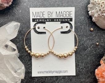 Gold beaded hoops - graduated beads - 14k gold filled