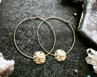 Gold Sand Dollar Charm Hoop earrings - beach jewelry - resort wear