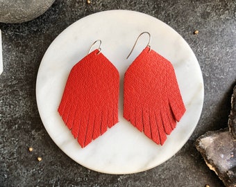 Red Leather Earrings - Leather Fringe Earrings