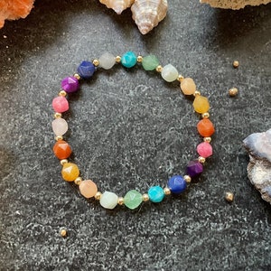 Rainbow Gemstone Stretch Bracelet- gold filled spacer beads and faceted gemstones