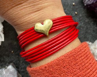RED Leather wrap bracelet with slider heart charm, Valentines gift for her