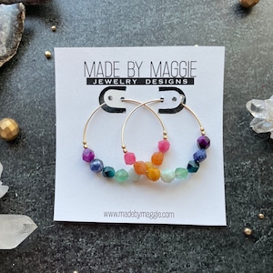 Rainbow Gemstone Hoop Earrings - Size 1.5 inch diameter