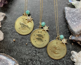 Gold ZODIAC Necklace - Zodiac Charm Necklace Astrological Signs  - 14k Gold Fill Necklace with Vintage Zodiac pendant