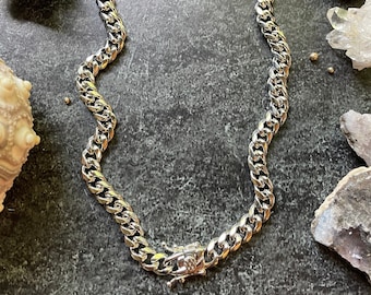 Chunky Silver Necklace - Rhodium Silver Cuban Chain -  7 mm Cuban Link