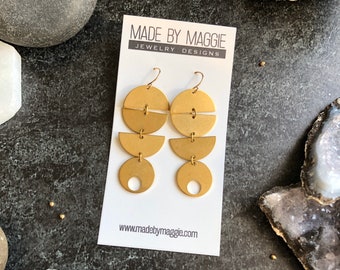 Geometric Brass earrings on 14k gold fill earwires - Celestial Jewelry - Moon Phases