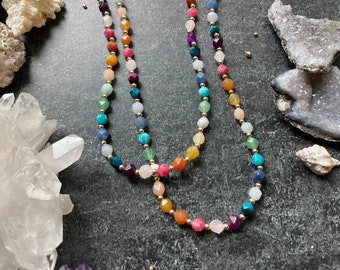 Rainbow Gemstone Necklace- Stretch cording with faceted gems and 14k gold filled or sterling silver  spacer beads