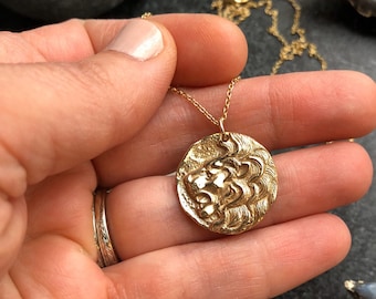 Lion Pendant - Lion Coin Necklace - Bronze or Sterling Silver Lion Head - Leo Zodiac