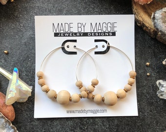Hoop earrings with wooden beads - Argentium sterling silver or 14k gold filled hoops with graduated wood beads and antique gold spacers