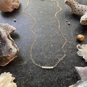 May include: A delicate gold chain necklace with a row of small white pearls. The necklace is displayed on a dark surface with various natural elements.