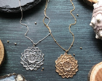 Lotus Flower Necklace -  MANDALA Necklace - Available in Sterling Silver or 14k Gold Fill with Bronze Pendant
