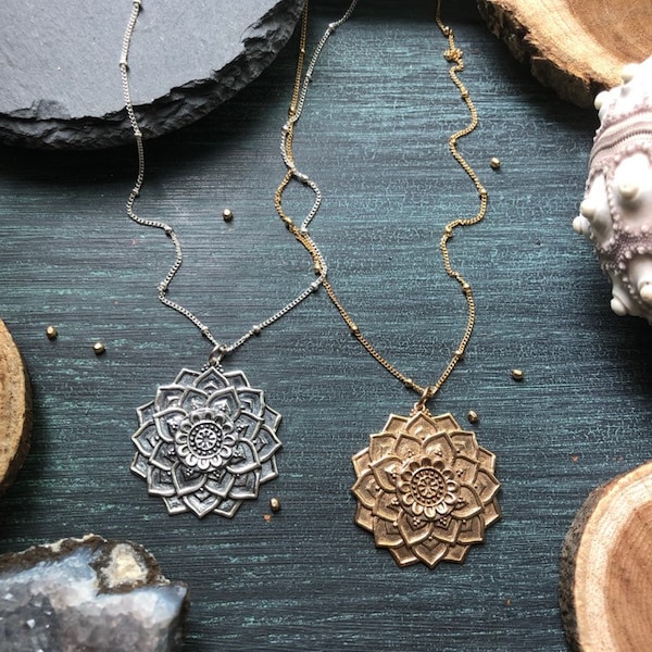 Lotus Flower Necklace -  MANDALA Necklace - Available in Sterling Silver or 14k Gold Fill with Bronze Pendant