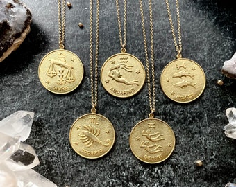 Gold ZODIAC Necklace - Astrological Sign - Vintage Brass Coin- 14k Gold Fill Necklaces