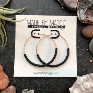 BLACK beaded hoops - 1.75 inch hoops - Beaded hoops in sterling silver, 14k gold filled or Rose gold - other colors available