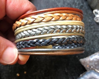 Leather Cuff Bracelet with Neutral Metallics OMBRE