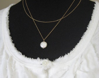 Coin Pearl 14k gold filled Necklace - Double Strand Necklace