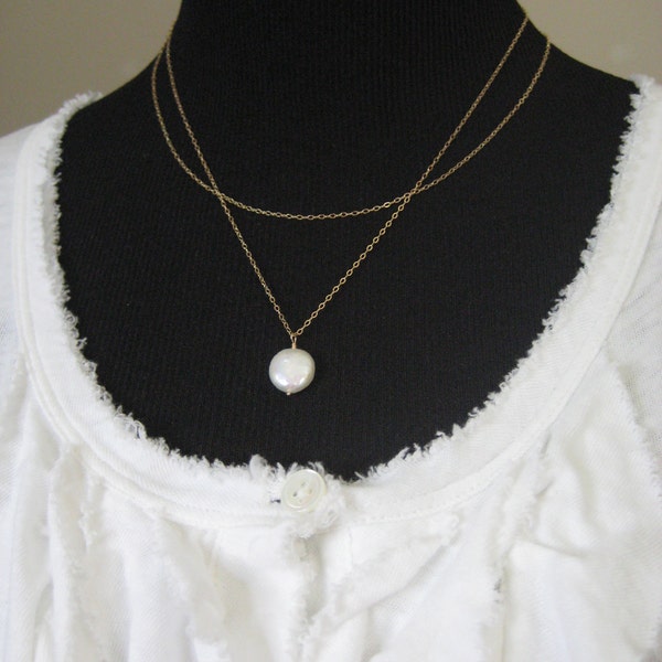 Coin Pearl 14k gold filled Necklace - Double Strand Necklace