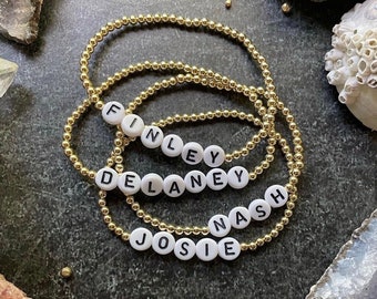 Mothers day gift - Children's name bracelets in silver or gold - 3 mm bead bracelet