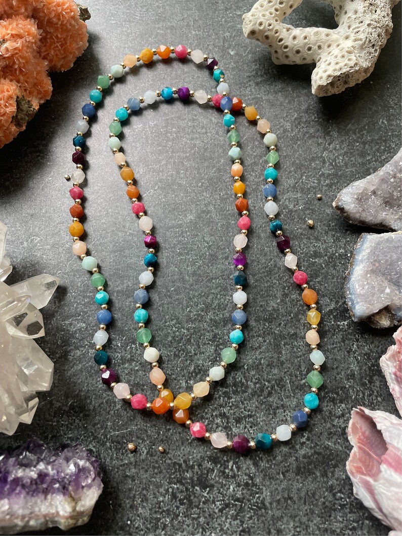 Rainbow Gemstone Necklace Stretch cording with faceted gems and 14k gold filled or sterling silver spacer beads image 4