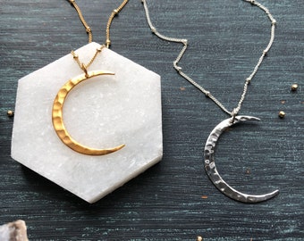 Crescent Moon Pendant Necklace - Celestial Necklace - Large Hammered Moon Charm