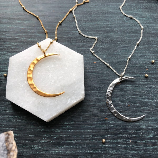 Crescent Moon Pendant Necklace - Celestial Necklace - Large Hammered Moon Charm