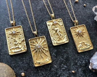 14k Gold Filled Tarot Card Pendant Necklace: The Star, Sun, Moon, World