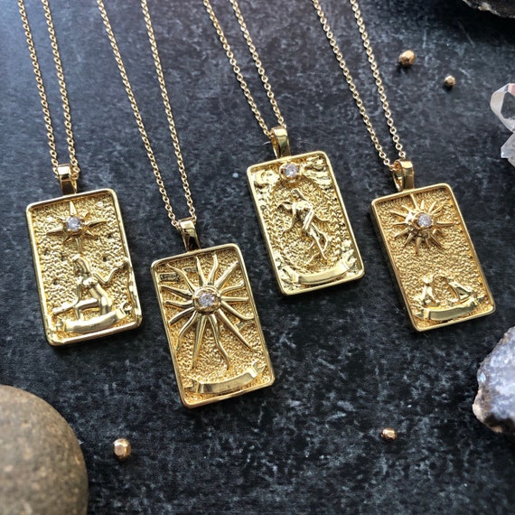 Tarot Card Pendant Necklaces 14k Gold Fiiled Charm Necklace the Star the Sun the World the Moon the Lovers Strength Etsy