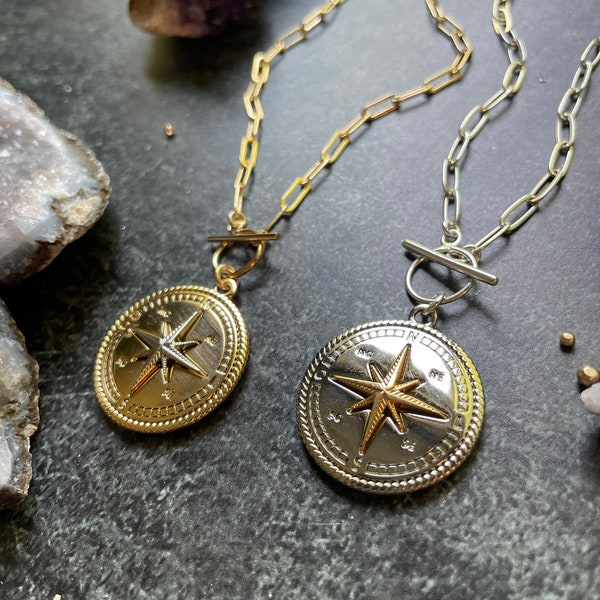 Compass Pendant Necklace with toggle clasp - Mixed metal - Explore your world