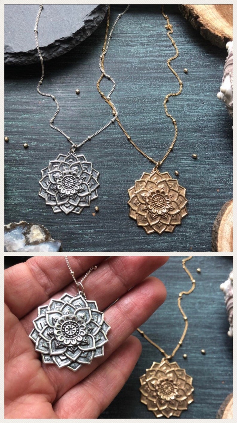 Lotus Flower Necklace MANDALA Necklace Available in Sterling Silver or 14k Gold Fill with Bronze Pendant image 7