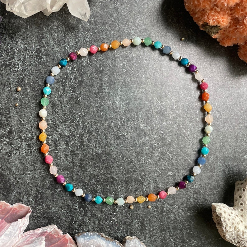 Rainbow Gemstone Necklace Stretch cording with faceted gems and 14k gold filled or sterling silver spacer beads image 2