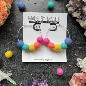 Rainbow hoop earrings - lightweight felt balls