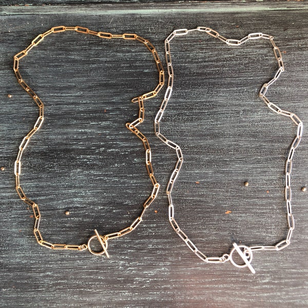 Paper Clip Necklace - Toggle Clasp Paperclip Chain - Medium link - 14k gold filled or sterling silver