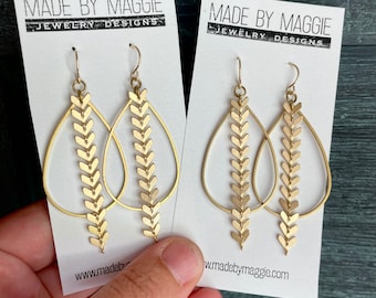 Brass teardrop earrings with matte gold or antique gold chevron chain on 14k gold fill earwires - Minimalist lightweight earrings