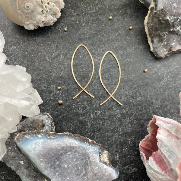 Minimalist Hoop Earrings - simple ear threaders - Ichthus - Jesus Fish Design - Small or Large; gold, rose gold or argentium silver