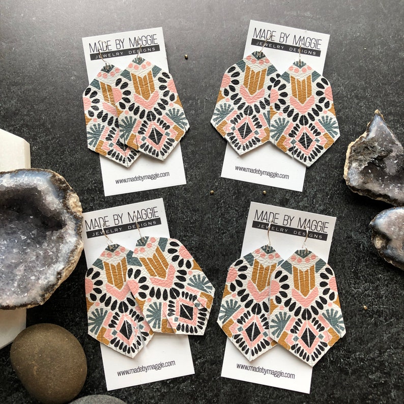 Bohemian Style Fringe Earrings Leather Earrings Aztec Print Leather Earring in Spanish Pink