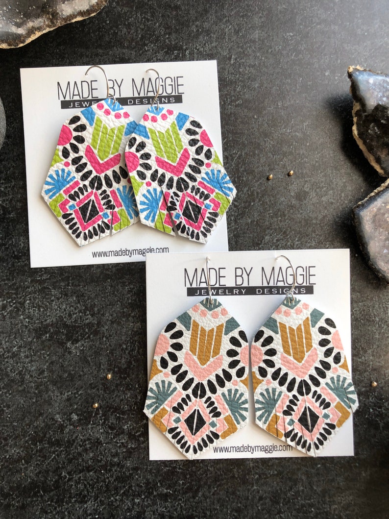 Bohemian Style Fringe Earrings Leather Earrings Aztec Print Leather Earring in Spanish Pink