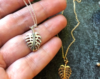 Monstera Leaf Charm Necklace - Sterling silver or 14k gold filled with bronze charm