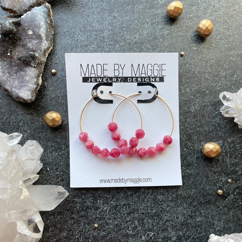 Pink Rhodonite Gemstone Hoop Earrings Size 1.5 inch diameter Faceted starcut gems image 1