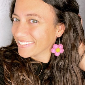 Silver Hoop earrings with Felt Flowers - Thin Dainty hoops for Spring